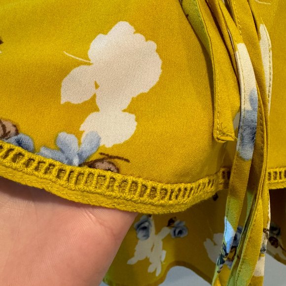 J.O.A Yellow Floral Cold Shoulder Tie Neck Top - Picture 5 of 7